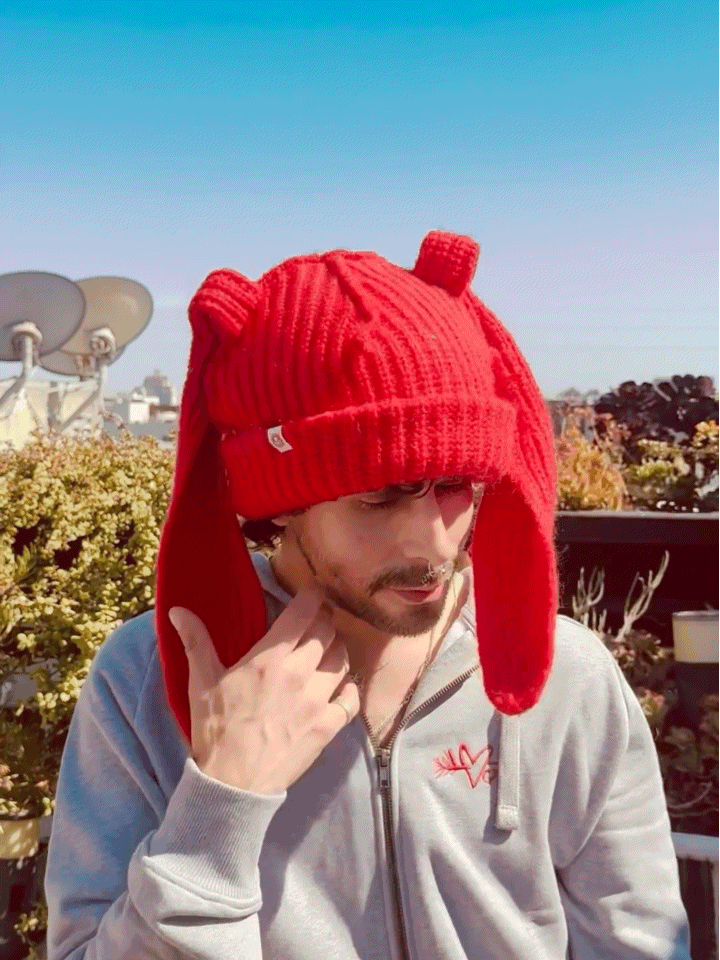 LOVERBOY BY CHARLES JEFFREY MOHAIR CHUNKY RABBIT BEANIE in RED