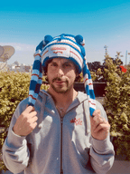 LOVERBOY BY CHARLES JEFFREY CHUNKY Rabbit BEANIE in Blue + Whitev+ Red