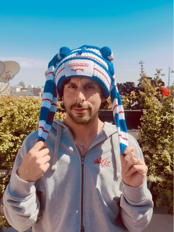 LOVERBOY BY CHARLES JEFFREY CHUNKY Rabbit BEANIE in Blue + Whitev+ Red
