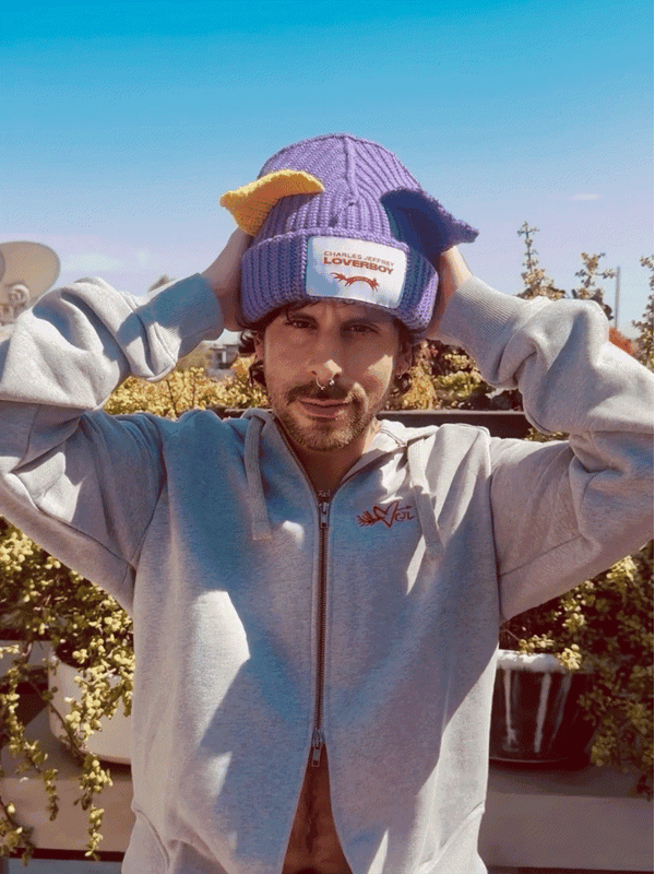 LOVERBOY BY CHARLES JEFFREY CHUNKY EARS BEANIE in PURPLE / YELLOW