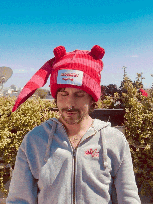 LOVERBOY BY CHARLES JEFFREY CHUNKY Rabbit BEANIE in Red + Pink Stripe