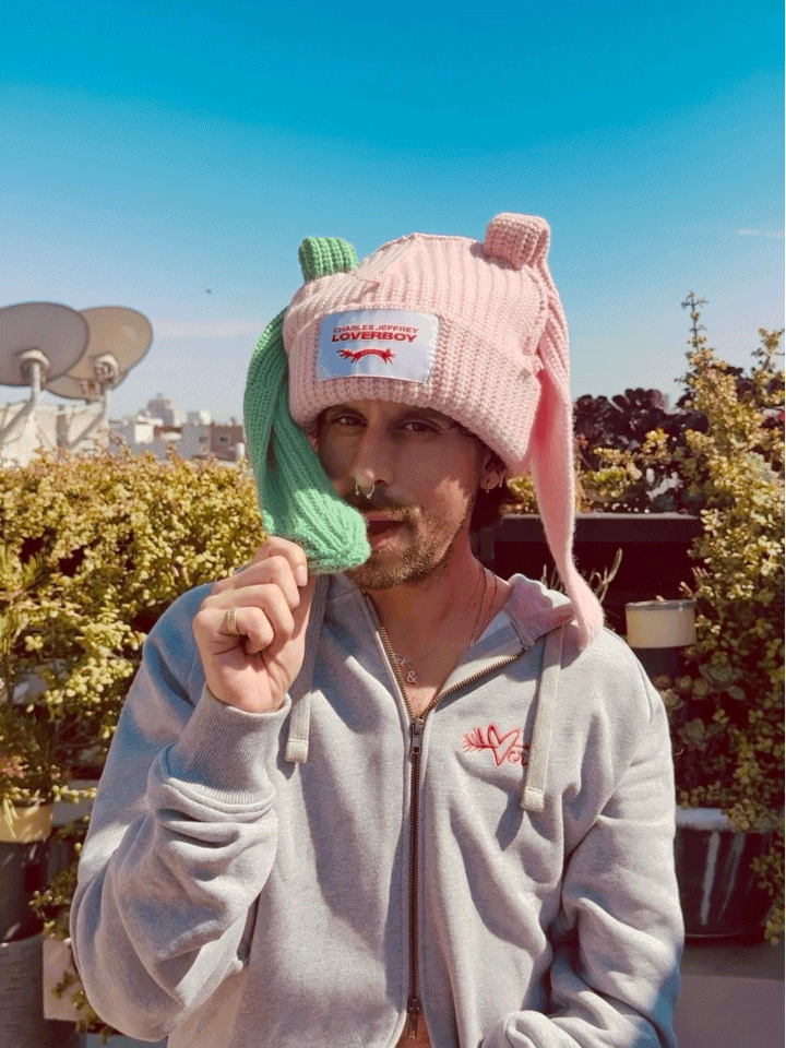 LOVERBOY BY CHARLES JEFFREY CHUNKY Rabbit BEANIE in PINK + light Green