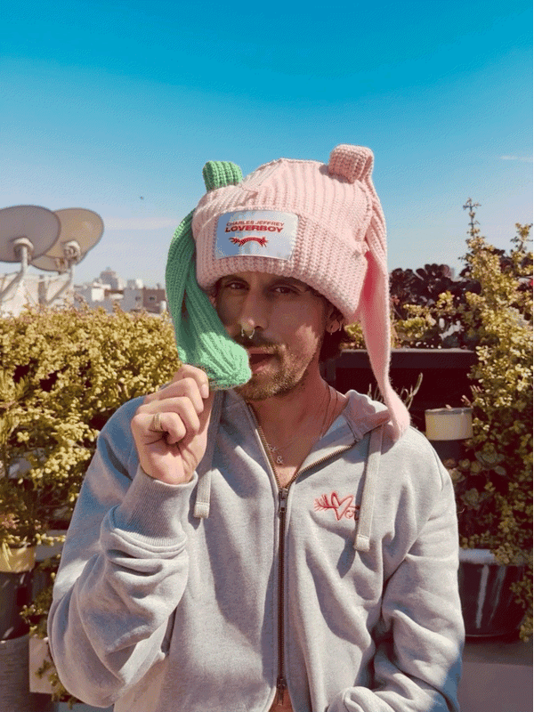 LOVERBOY BY CHARLES JEFFREY CHUNKY Rabbit BEANIE in PINK + light Green