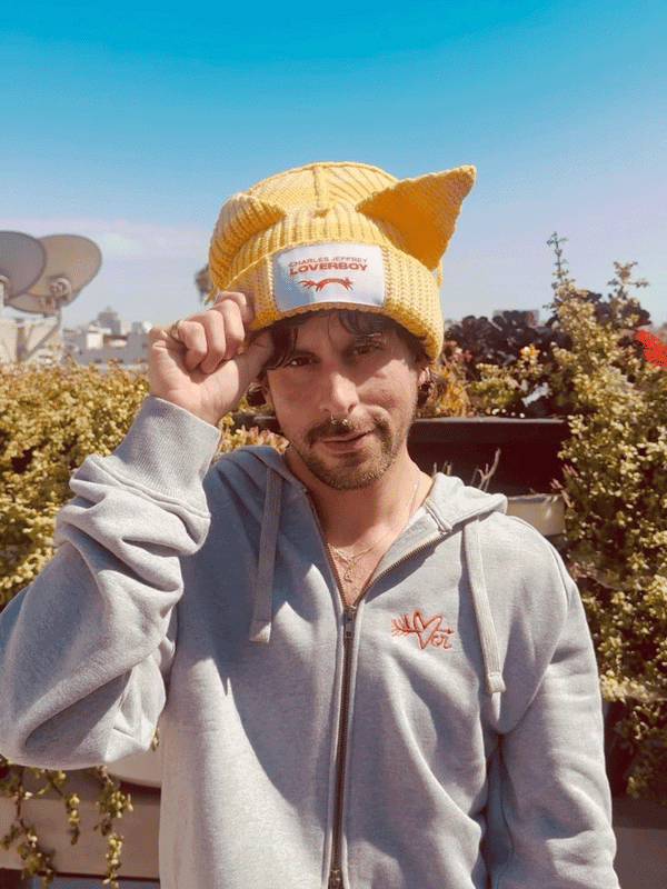 LOVERBOY BY CHARLES JEFFREY CHUNKY EARS BEANIE in YELLOW STRIPE