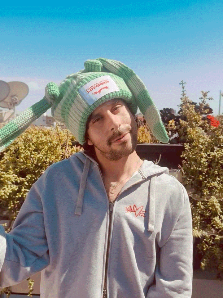 LOVERBOY BY CHARLES JEFFREY CHUNKY Rabbit BEANIE in Green Stripe