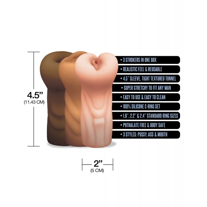 Happy Ending MSTR B8 Stroker Set w/C-Rings - Assorted Pack of 3