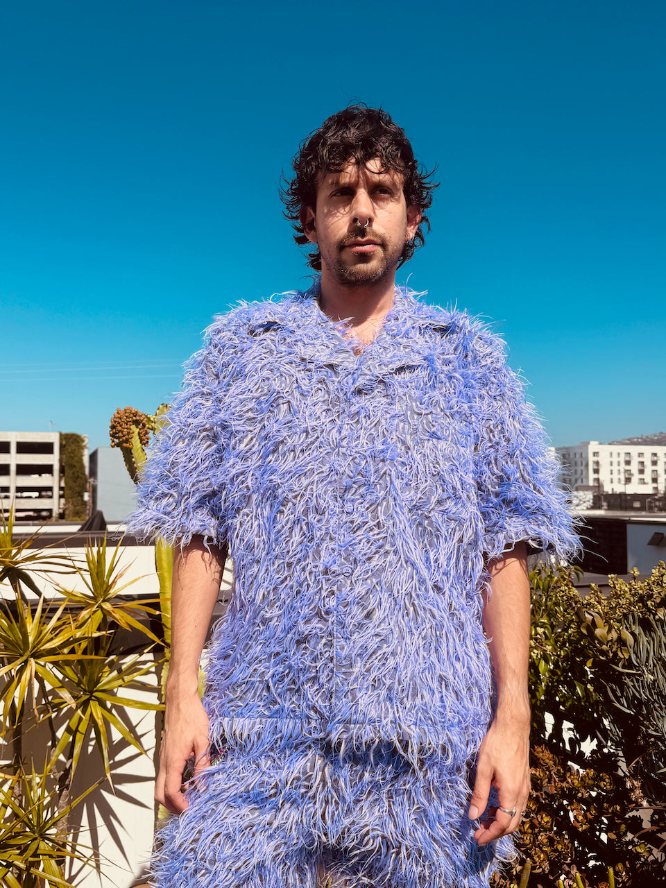 LOVERBOY BY CHARLES JEFFREY SHAGGY HAWAIIAN SHIRT IN PURPLE