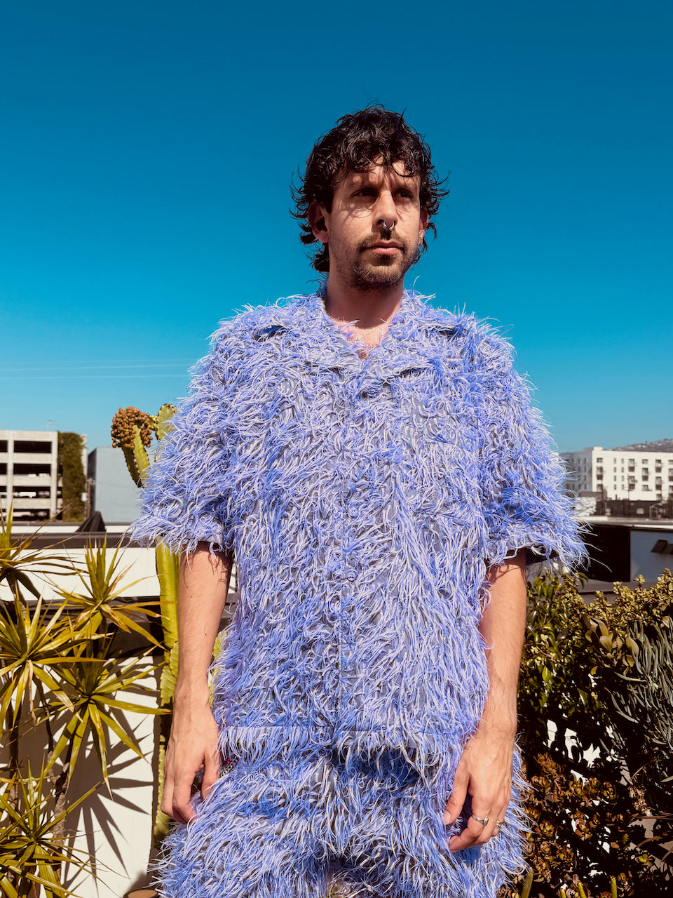 LOVERBOY BY CHARLES JEFFREY SHAGGY HAWAIIAN SHIRT IN PURPLE
