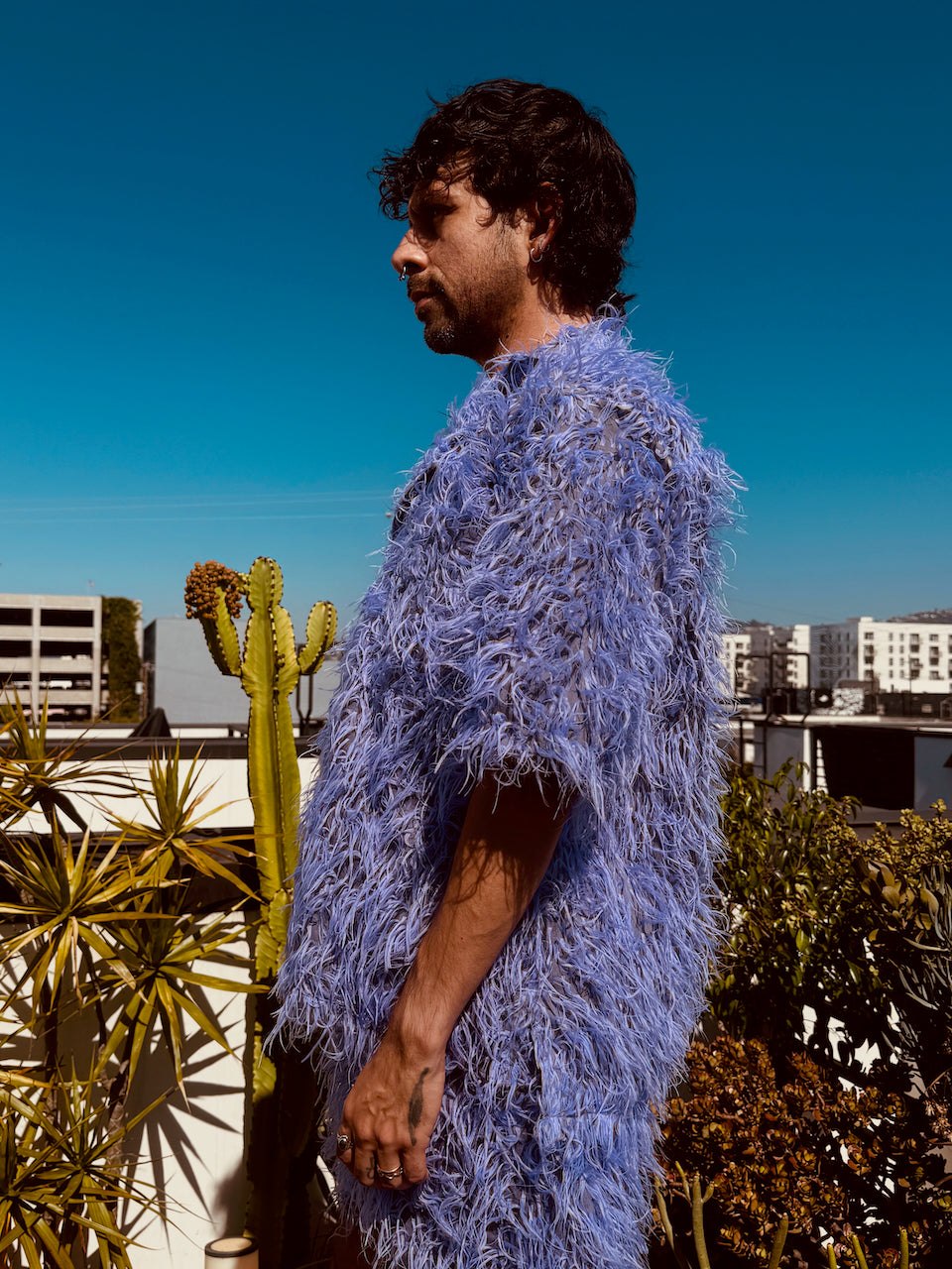 LOVERBOY BY CHARLES JEFFREY SHAGGY HAWAIIAN SHIRT IN PURPLE
