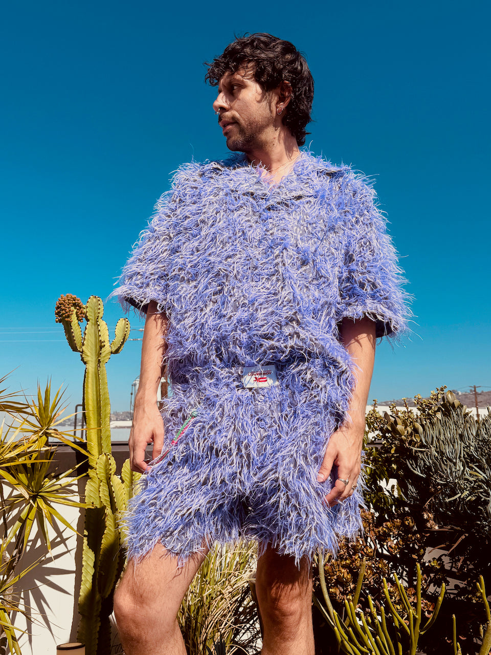 LOVERBOY BY CHARLES JEFFREY SHAGGY HAWAIIAN SHIRT IN PURPLE
