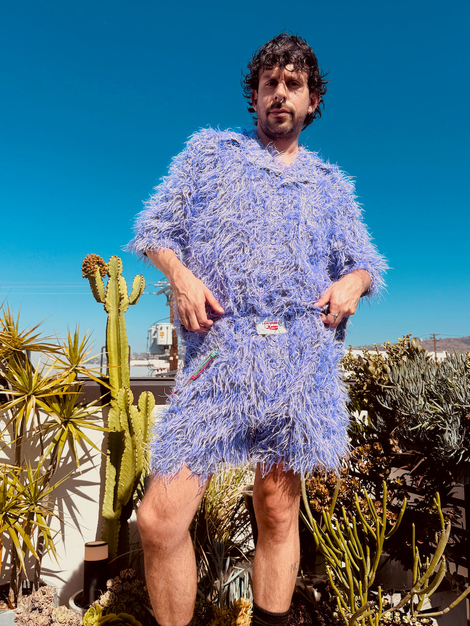LOVERBOY BY CHARLES JEFFREY SHAGGY HAWAIIAN SHIRT IN PURPLE