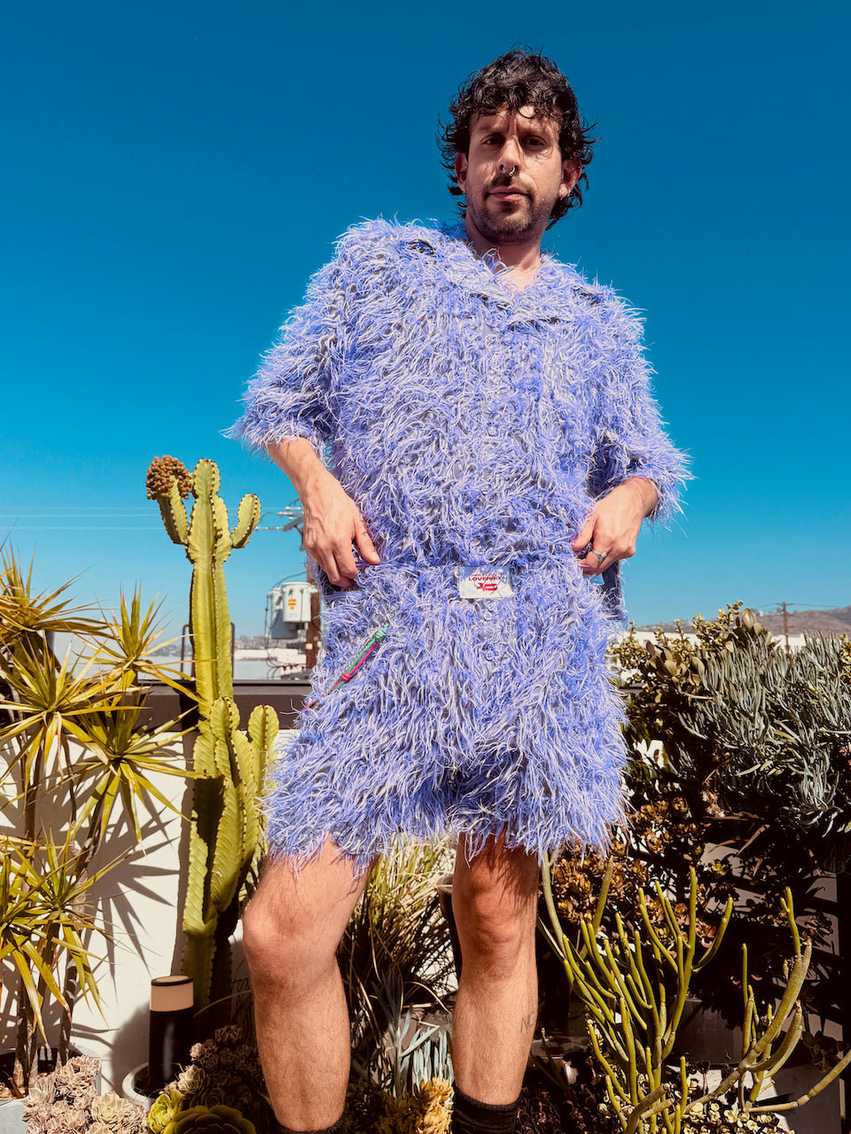 LOVERBOY BY CHARLES JEFFREY SHAGGY HAWAIIAN SHIRT IN PURPLE