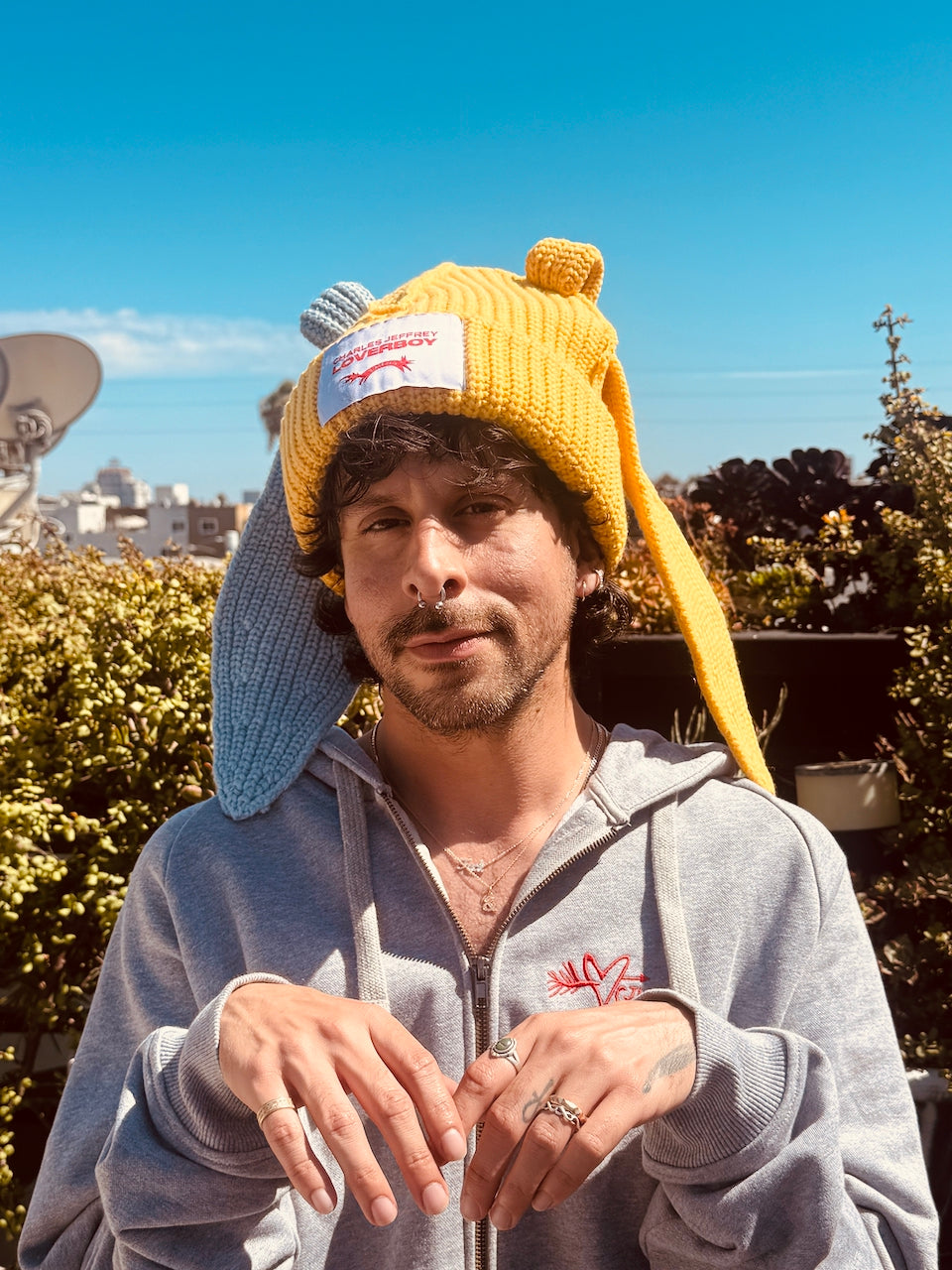 LOVERBOY BY CHARLES JEFFREY CHUNKY Rabbit BEANIE in YELLOW + light blue