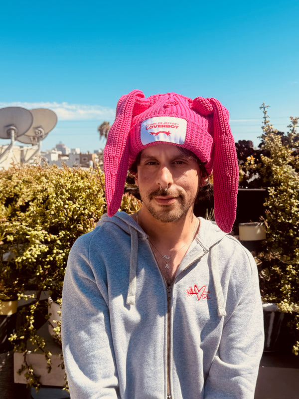 LOVERBOY BY CHARLES JEFFREY CHUNKY RABBIT BEANIE in PINK