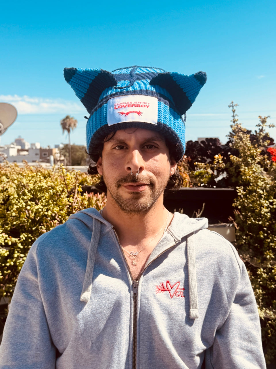 LOVERBOY BY CHARLES JEFFREY CHUNKY EARS BEANIE in BLUE STRIPE