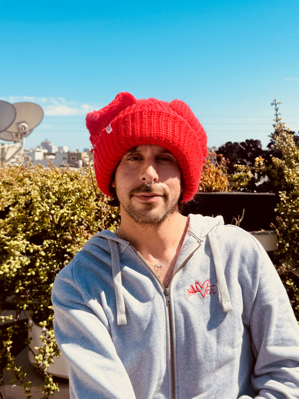 LOVERBOY BY CHARLES JEFFREY MOHAIR CHUNKY EARS BEANIE in RED