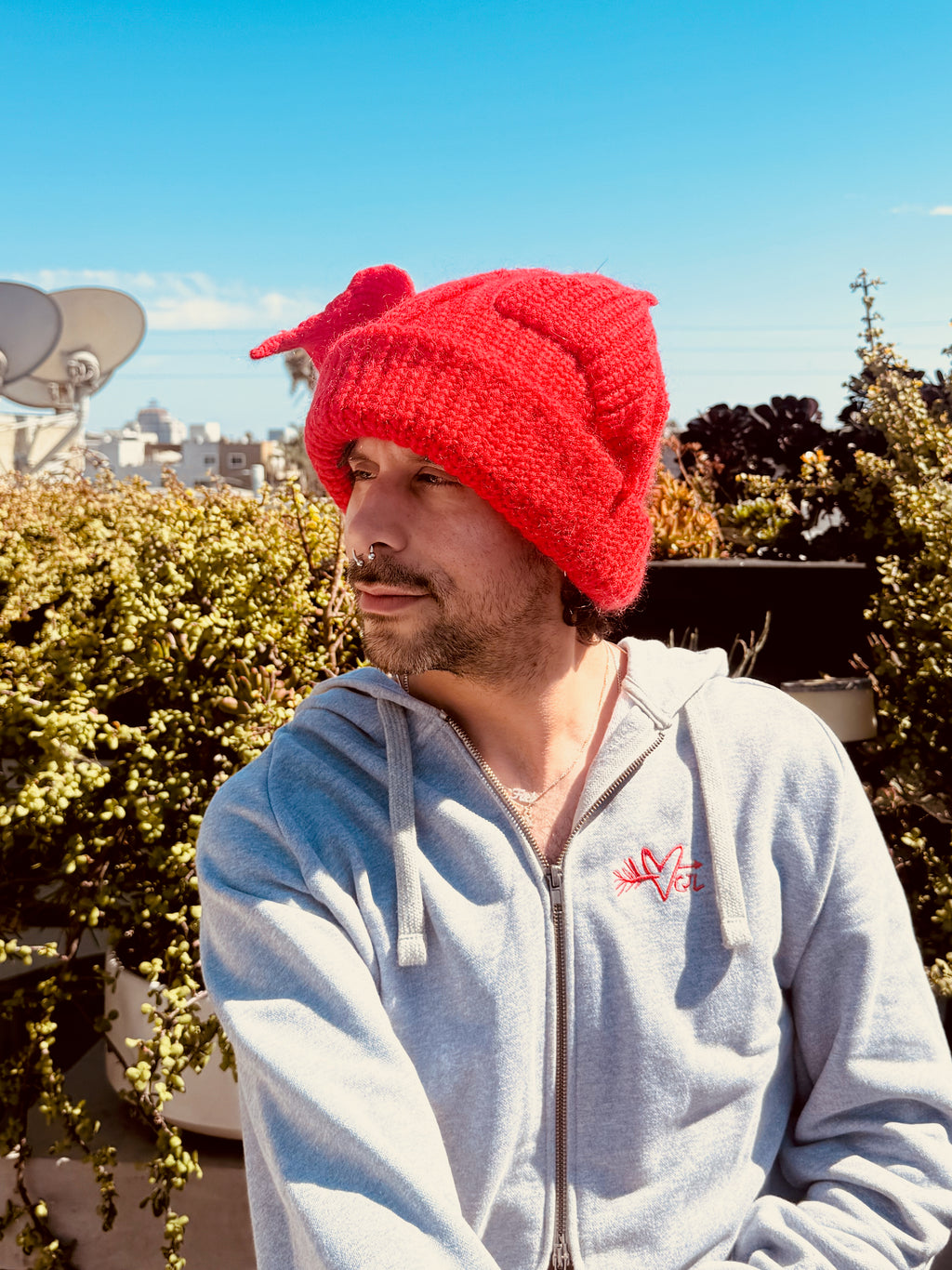 LOVERBOY BY CHARLES JEFFREY MOHAIR CHUNKY EARS BEANIE in RED