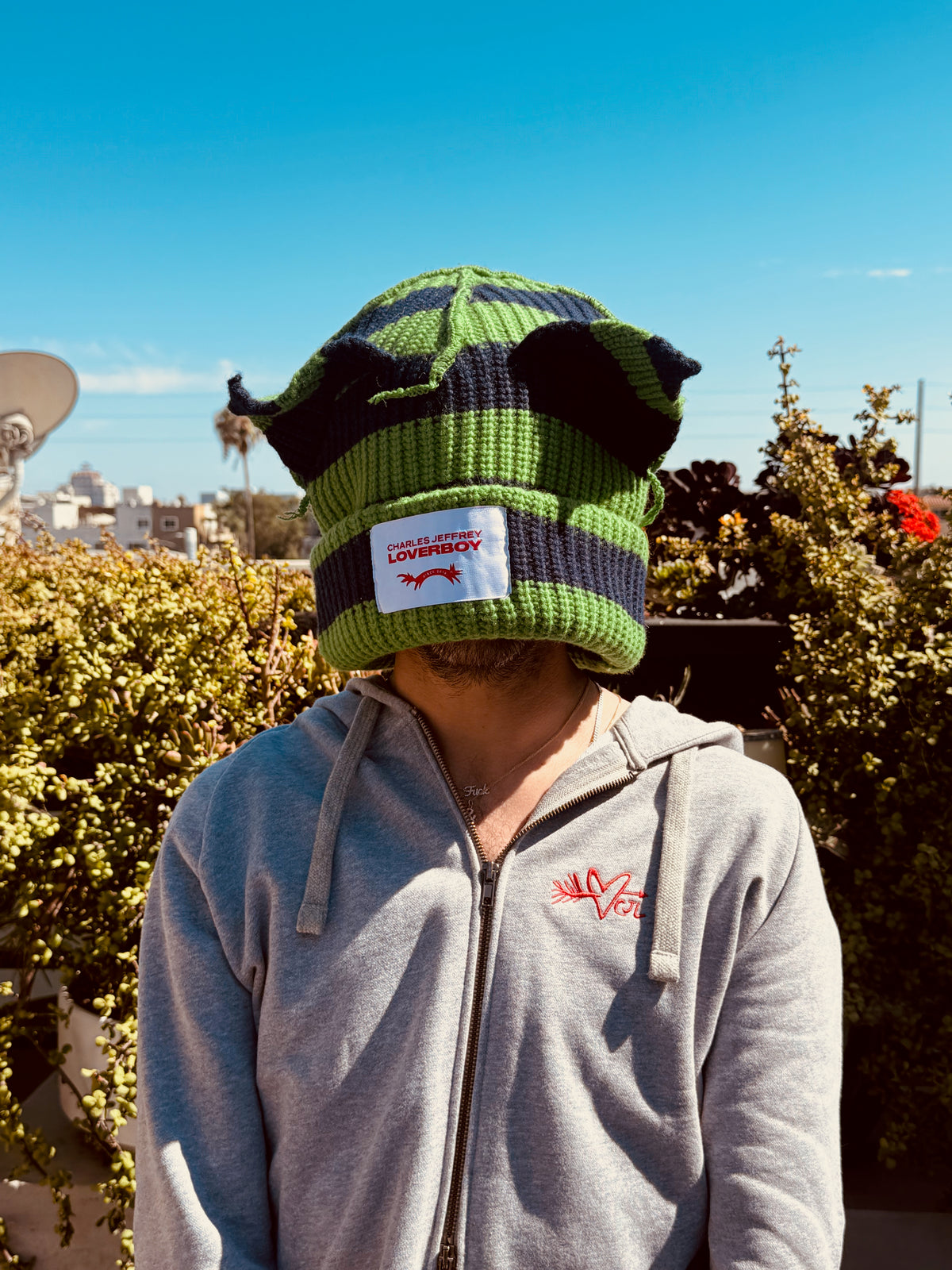 LOVERBOY BY CHARLES JEFFREY SUPERSIZED CHUNKY EARS BEANIE in GREEN NAVY