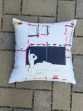 Cushion printed with vintage layout transparency artwork, first face