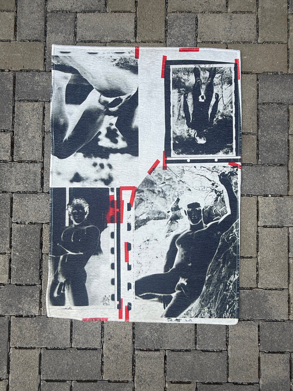 Woven rug reproducing a vintage magazine layout transparency with red register marks