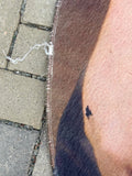 Detail of the overlocked edge with a loose thread