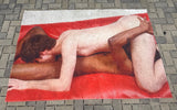 Printed woven rug with artwork by Chuck, full view