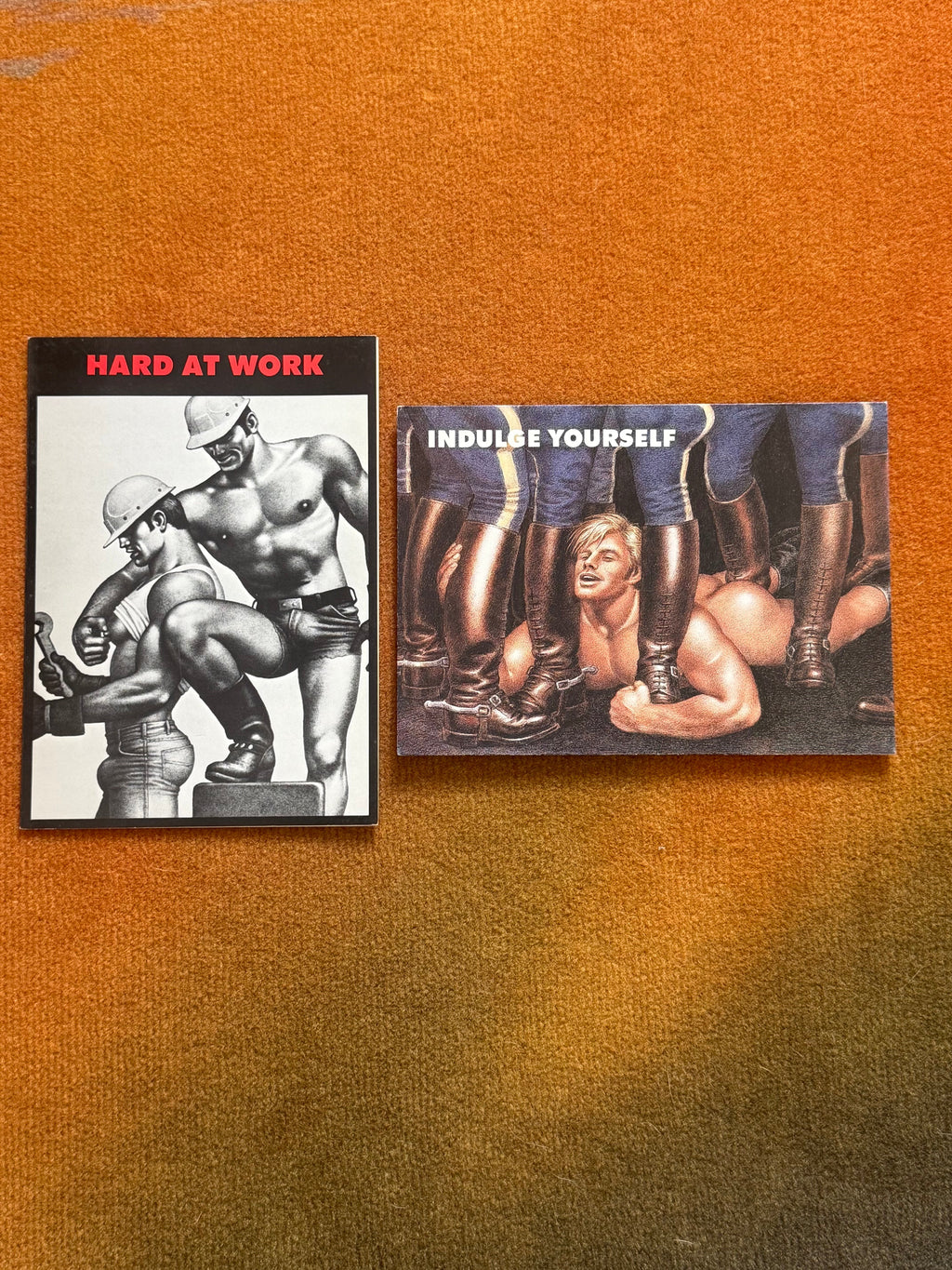 Two vintage Tom of Finland greeting cards, Hard at Work and Indulge Yourself