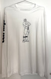 White long-sleeve prototype T-shirt with a Bill Ward figure drawing printed at the chest