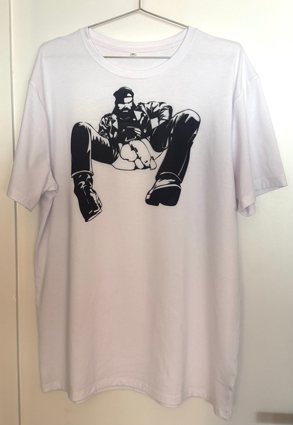 White short-sleeve prototype T-shirt printed with a Bill Ward leather figure at the chest