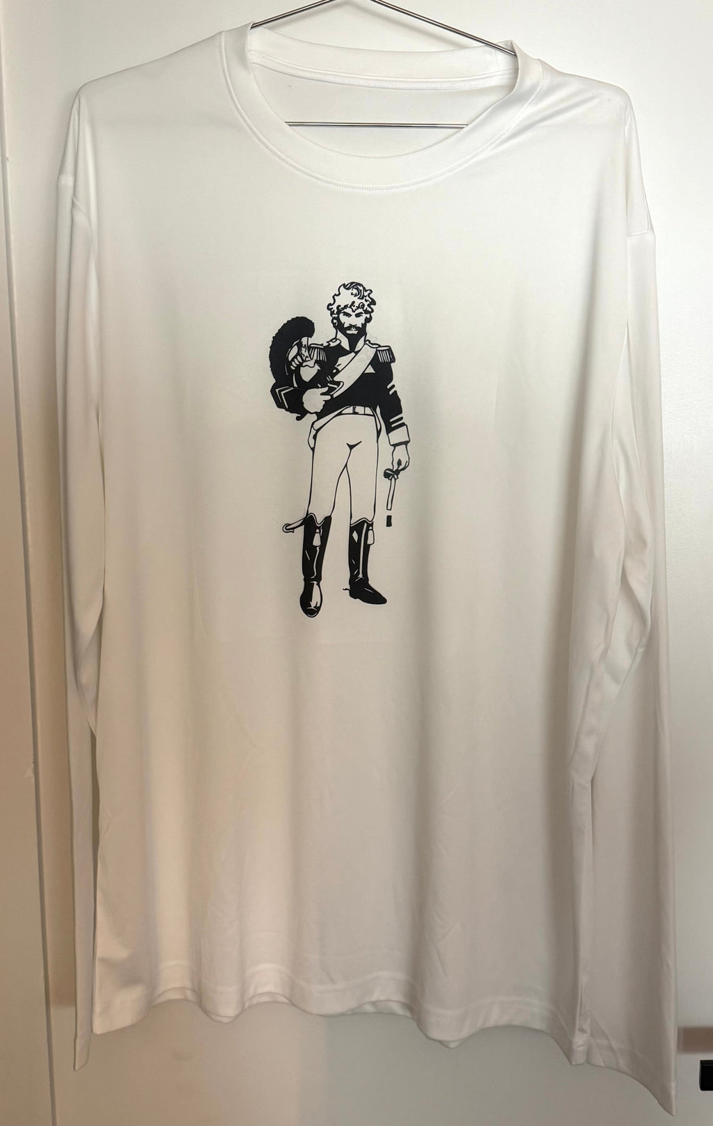 White long-sleeve prototype T-shirt printed with a Bill Ward figure in military dress