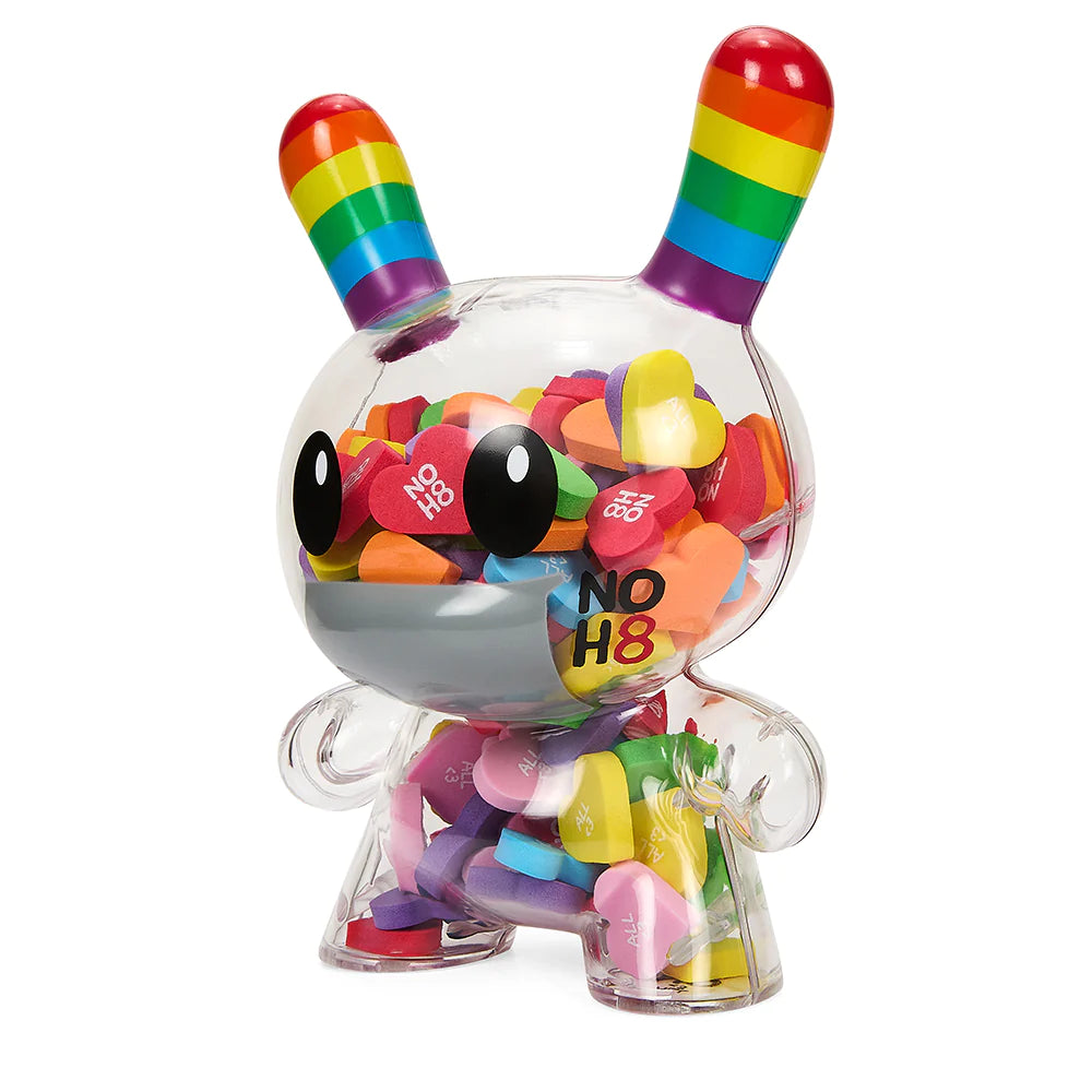 KIDROBOT X NOH8 "ALL <3 NOH8" 8” RAINBOW CLEAR SHELL DUNNY FILLED WITH HEARTS