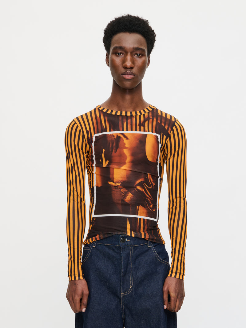 LOVERBOY BY CHARLES JEFFREY POWERMESH LONG SLEEVE TEE in ORANGE BLACK