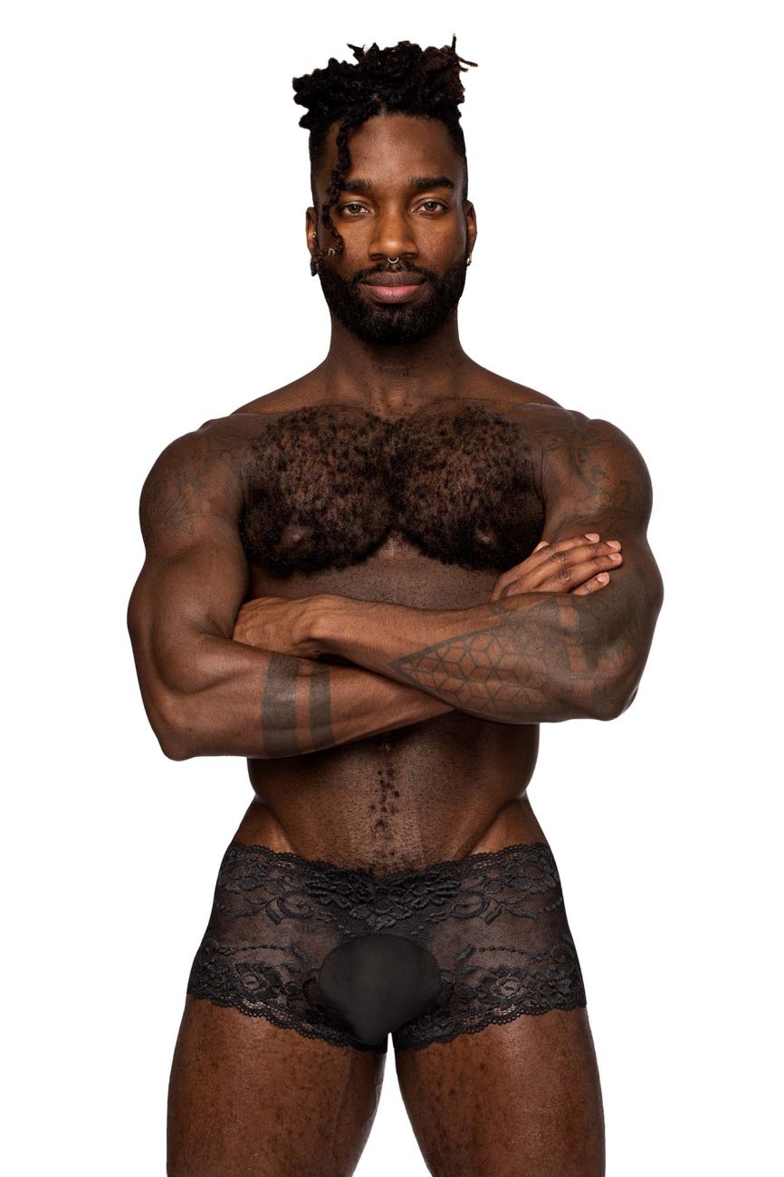 Male Power Sassy Lace Mini Short Sheer Pouch - Black
