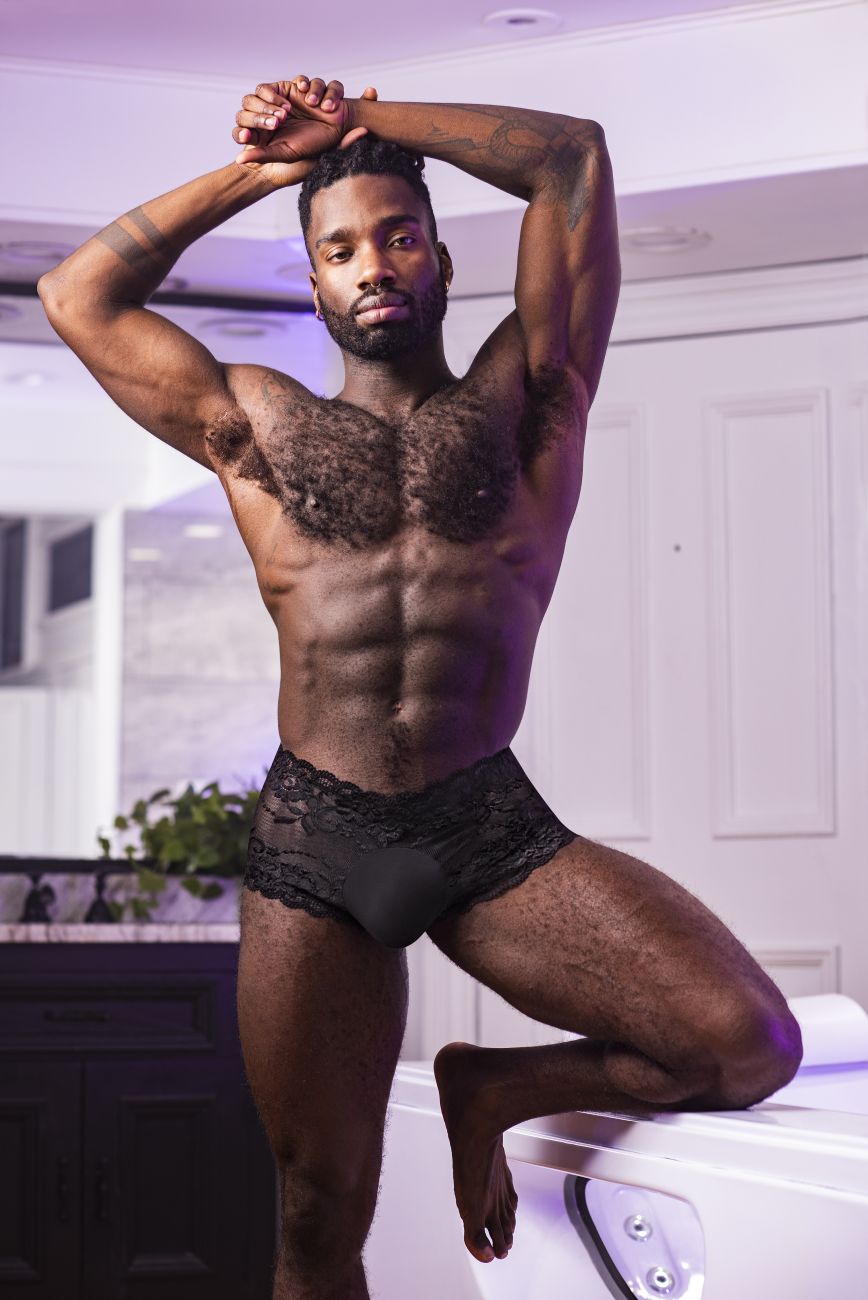 Male Power Sassy Lace Mini Short Sheer Pouch - Black