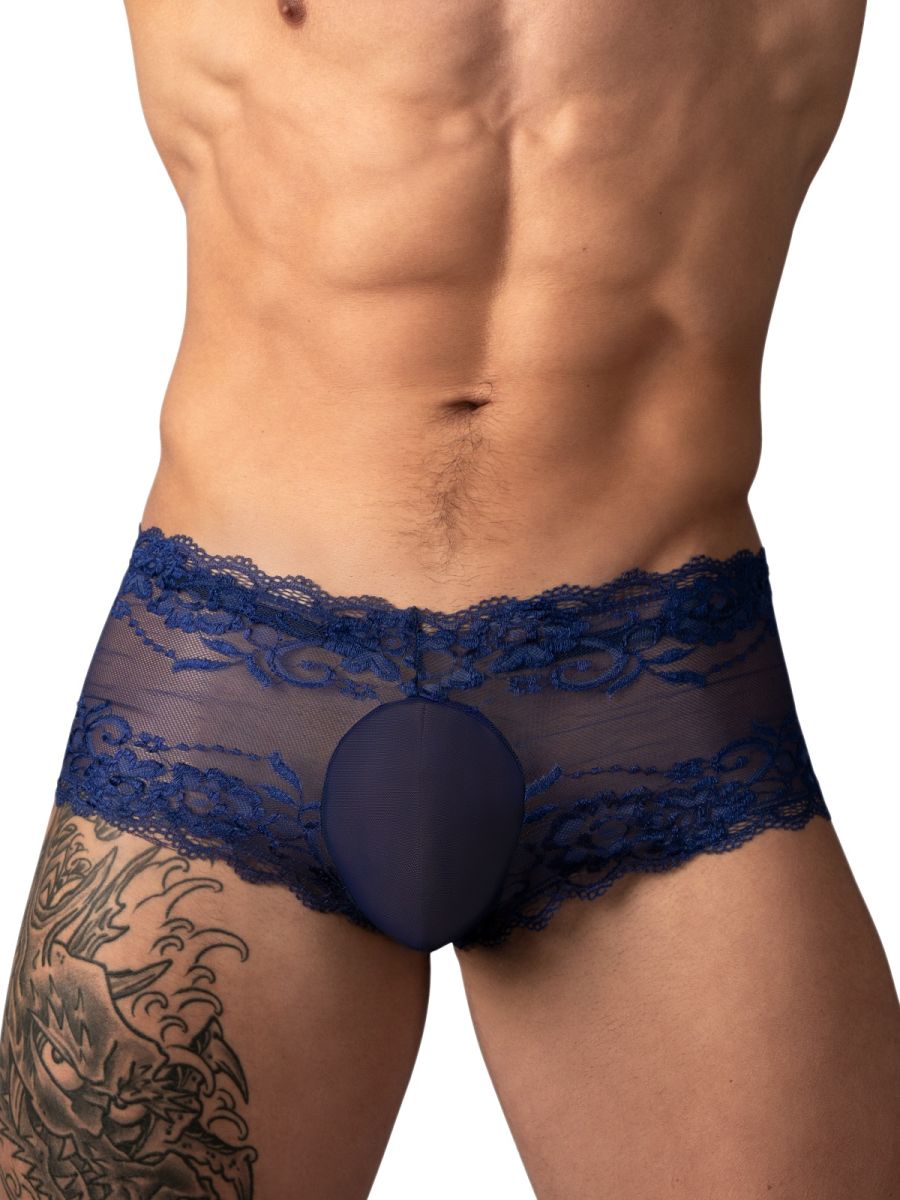 Male Power Sassy Lace Mini Short Sheer Pouch - Navy