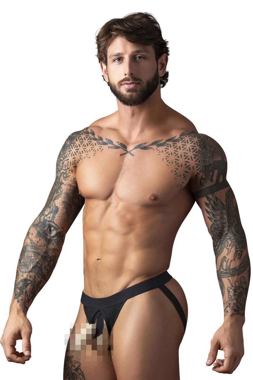 Male Power Open Ended Jock Open Front Elastic Cock Ring - Black