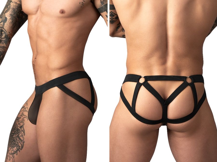Male Power Mesh 2 Strappy Ring Jockstrap - Black