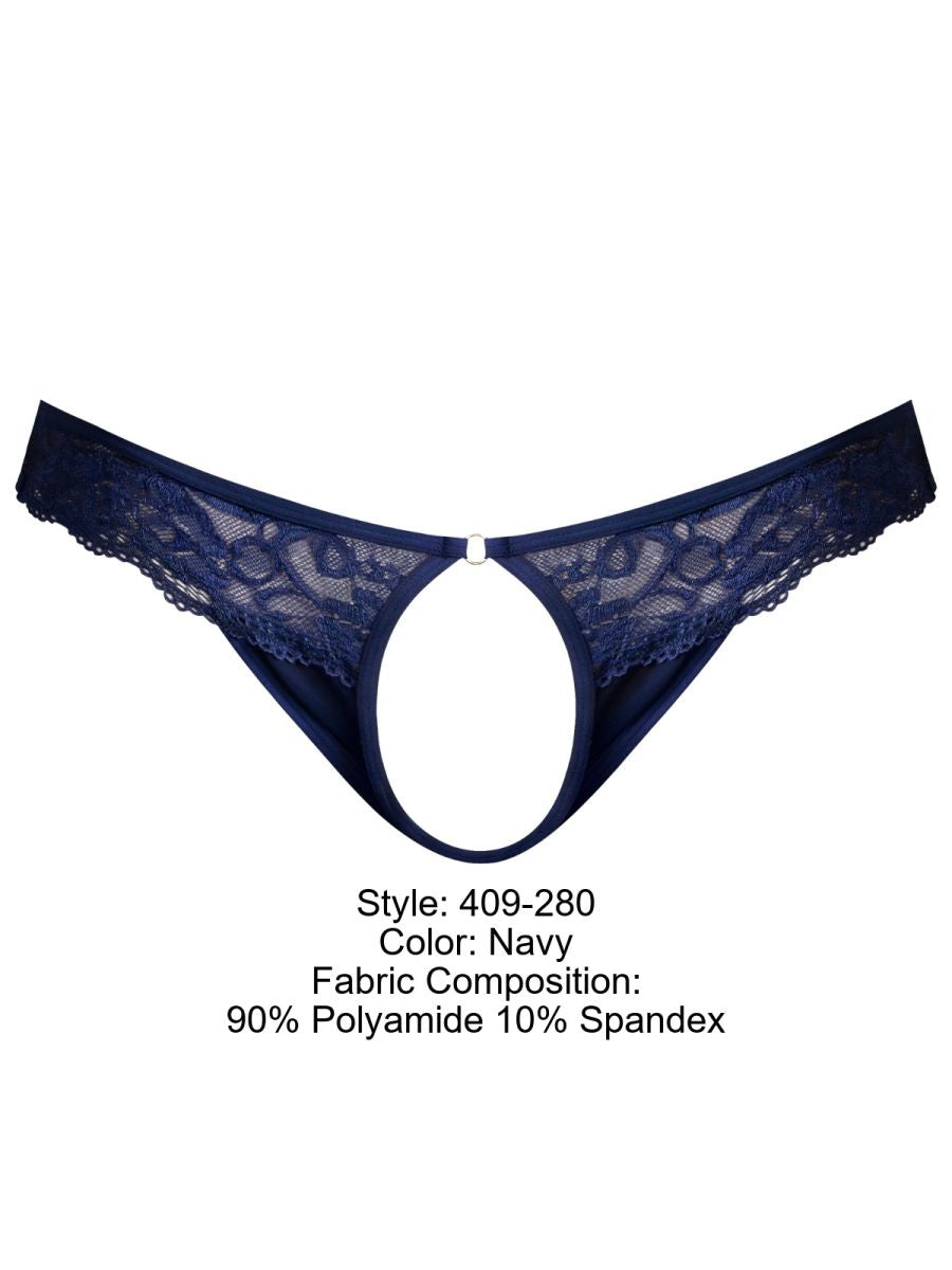 Male Power Sassy Lace Open Ring Thong - Navy
