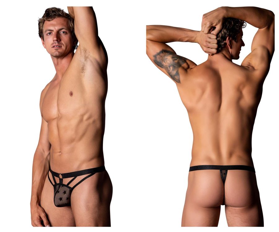Male Power Love Star Thong with Ring - Black