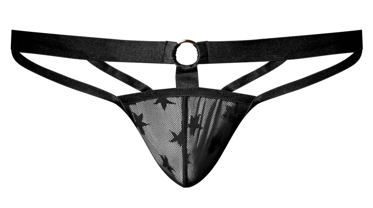 Male Power Love Star Thong with Ring - Black