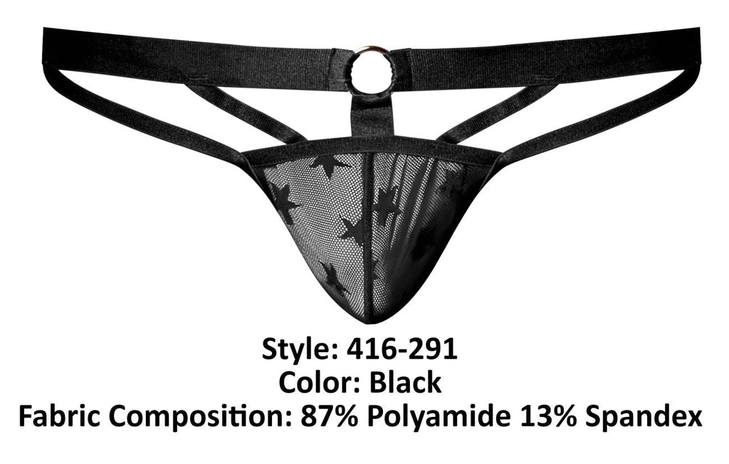 Male Power Love Star Thong with Ring - Black