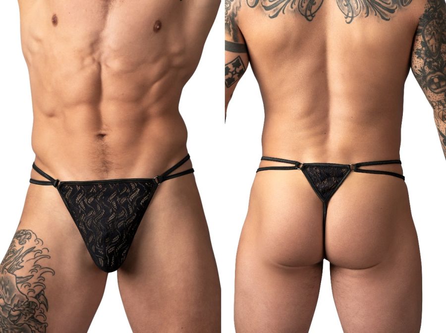 Male Power Ripple Micro V-String Thong - Black