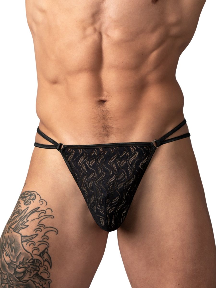 Male Power Ripple Micro V-String Thong - Black