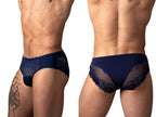 Male Power Sassy Lace Bikini Solid Pouch - Navy