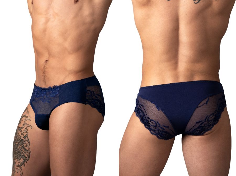 Male Power Sassy Lace Bikini Solid Pouch - Navy