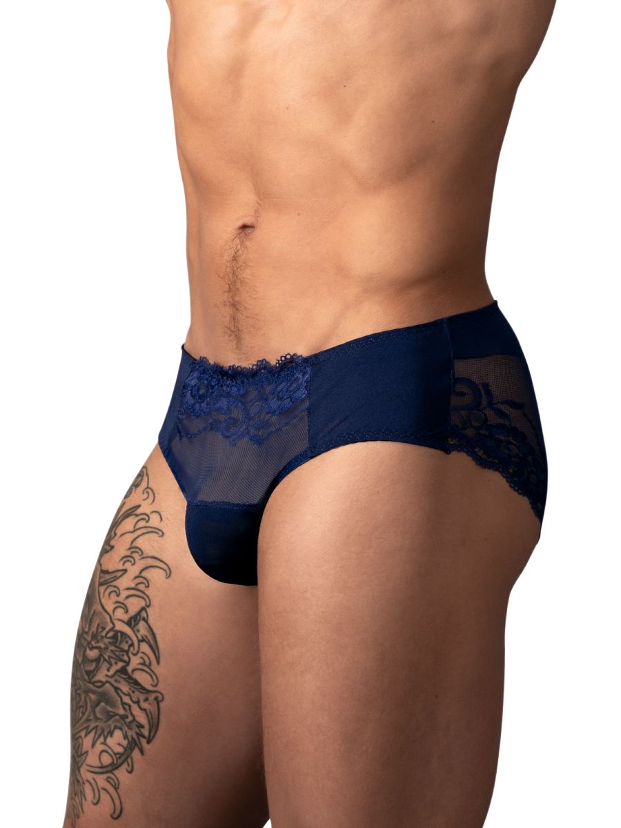 Male Power Sassy Lace Bikini Solid Pouch - Navy