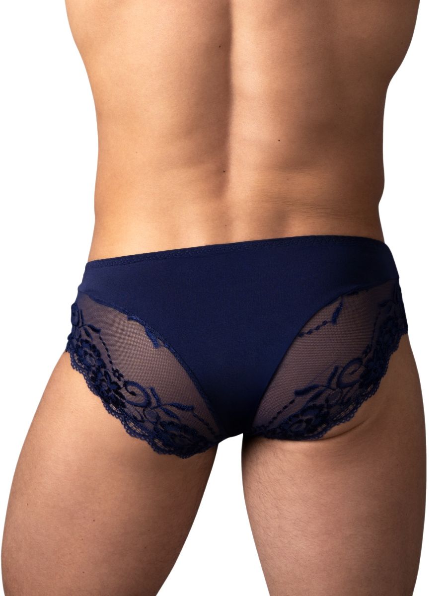 Male Power Sassy Lace Bikini Solid Pouch - Navy