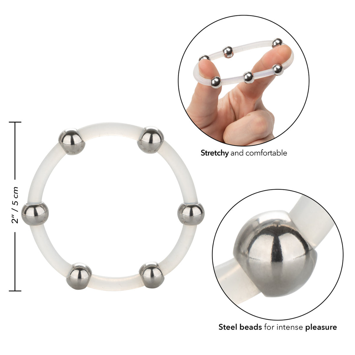 Steel Beaded Silicone Cock Ring - X-Large - Clear