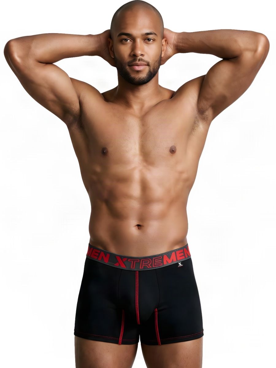 Xtremen Sleek Microfiber Contrast-Stitch Boxer Briefs - Black