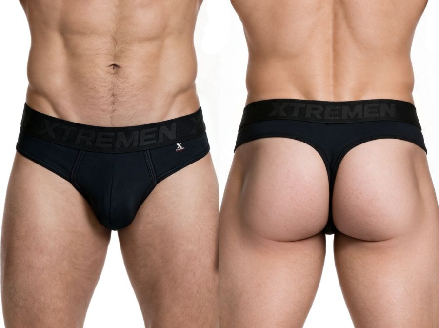 Xtremen Sleek Microfiber Wide-Waistband Thongs - Black